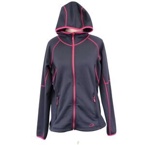 LL Bean Jacket Women Medium Navy Blue Polyester Full Zip Hoodie Fleece Pink